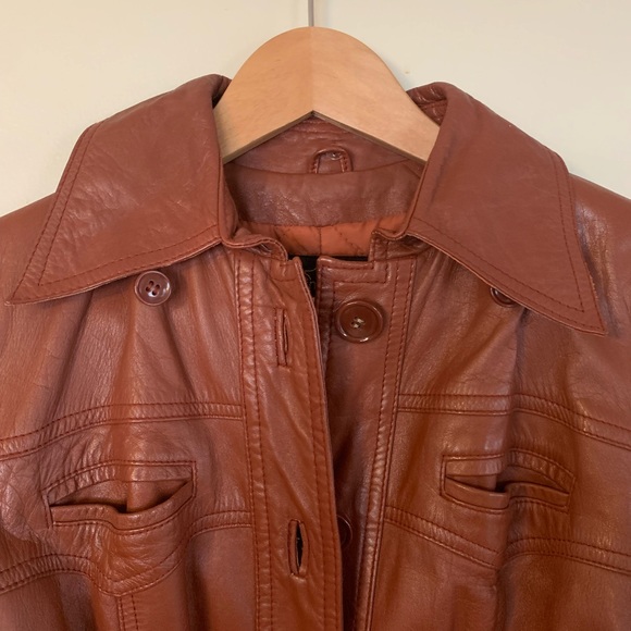 Vintage 70s Women’s Leather Trench Coat w/ Hood & Belt - Picture 3 of 8